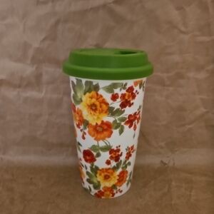 Pier 1 Imports 6.5" Floral Ceramic Tumbler w Silicone Lid Hot or Cold Rare New